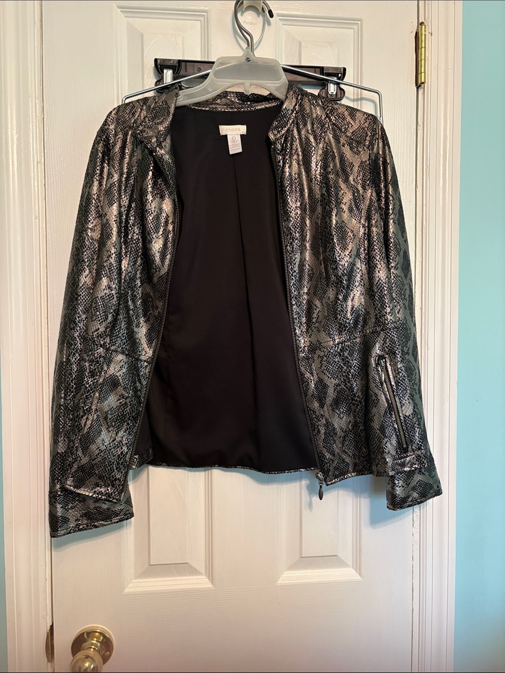 Chico's Metallic Snake-Print Jacket in Silver and Black